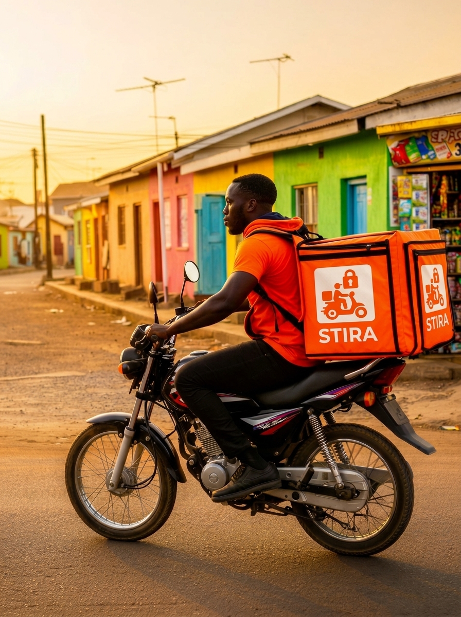 South African delivery rider with orange Stira cargo box riding through a township