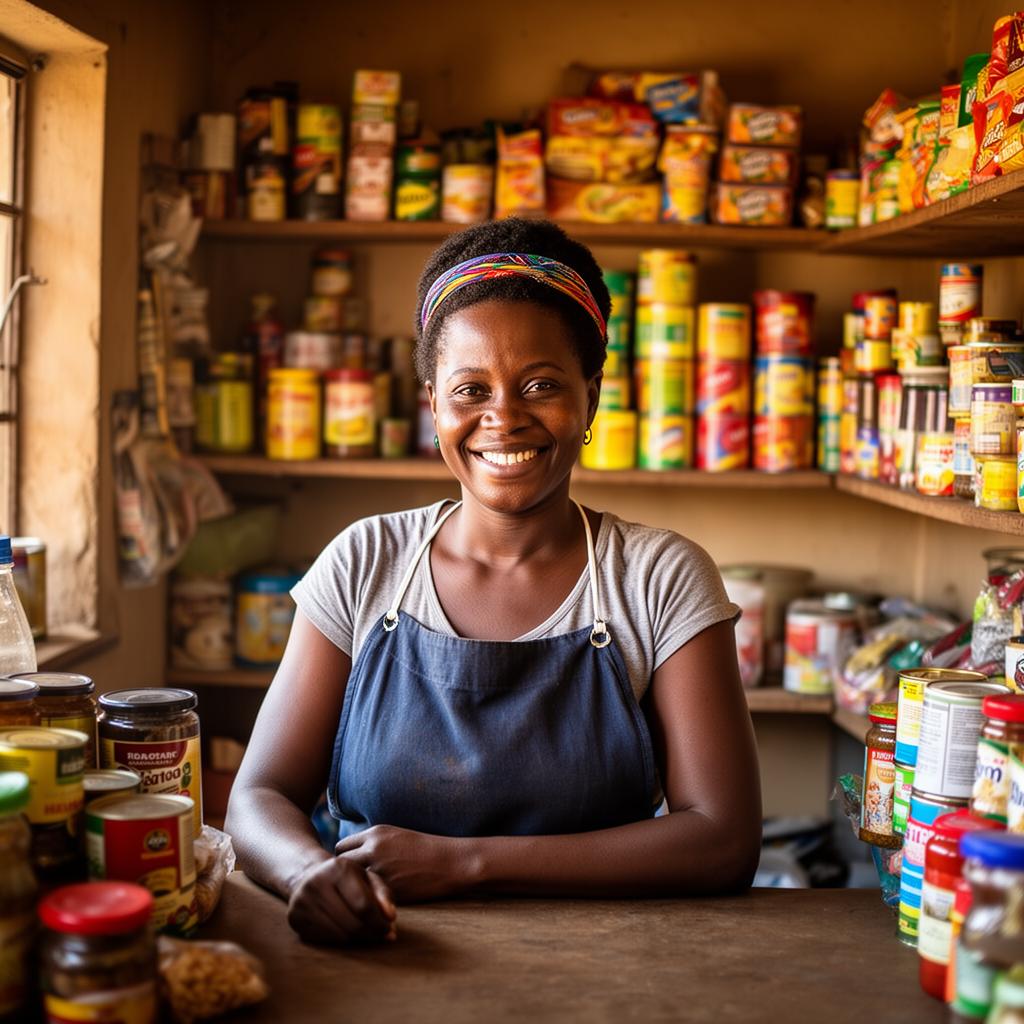 South African township shop owner smiling behind the counter of her spaza